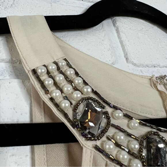 New Brown Satin Beige Chiffon Beaded Neckline Sleeveless Sheath Dress. - Picture 8 of 11